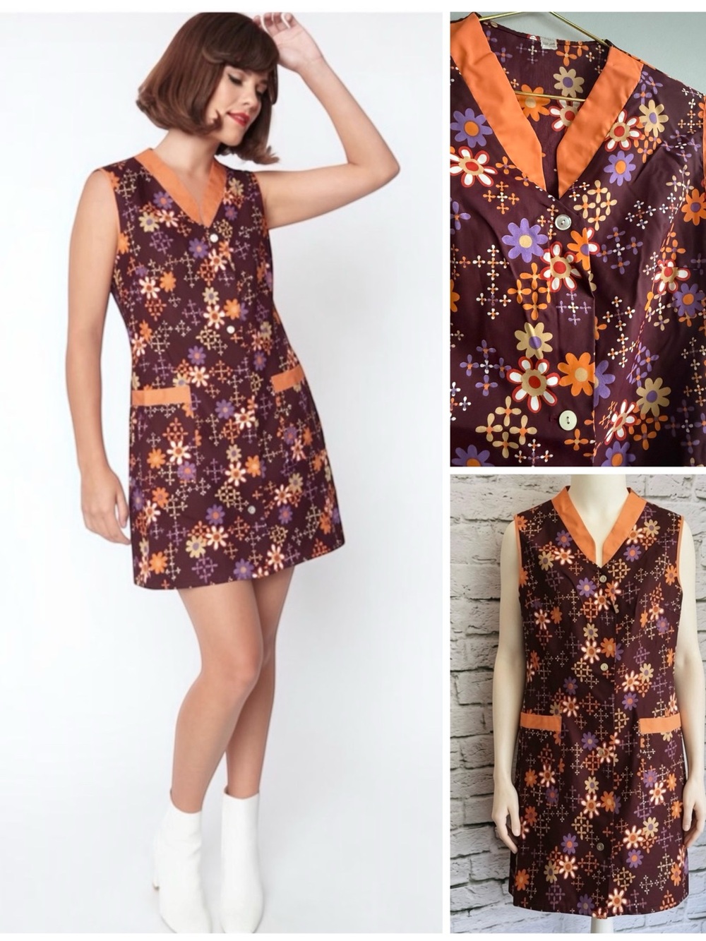 VTG 70s Mod Shift Dress Daisy Retro Floral Sleeveless Button Down Smock Mini M/L